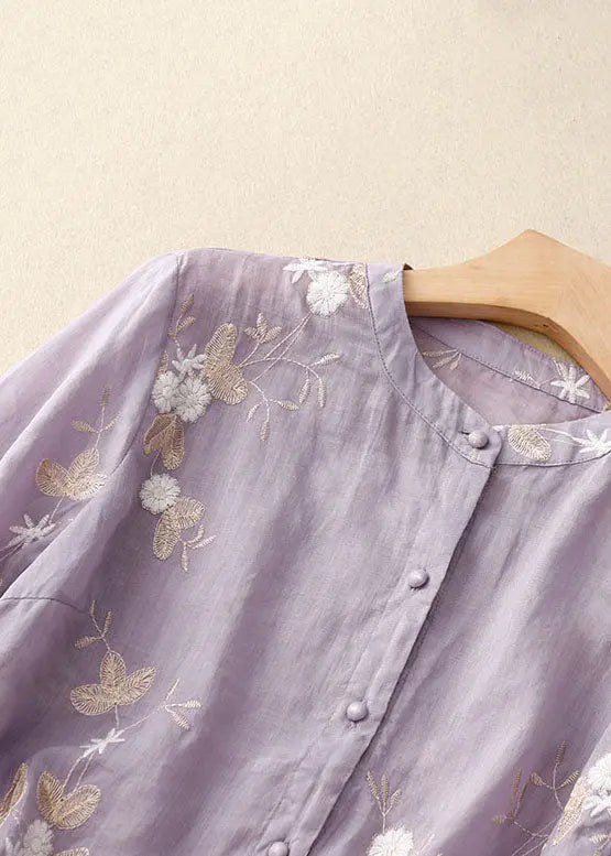 Purple Patchwork Cotton Shirt Tops Stand Collar Embroideried Summer Ada Fashion