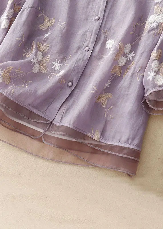 Purple Patchwork Cotton Shirt Tops Stand Collar Embroideried Summer Ada Fashion