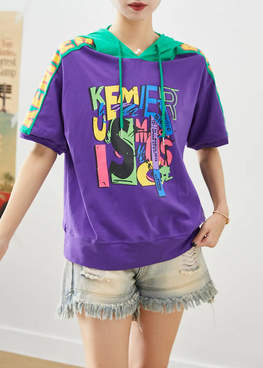 Purple Patchwork Cotton Sweatshirts Top Hooded Print Summer Ada Fashion