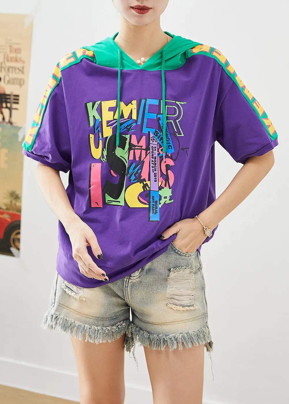 Purple Patchwork Cotton Sweatshirts Top Hooded Print Summer Ada Fashion