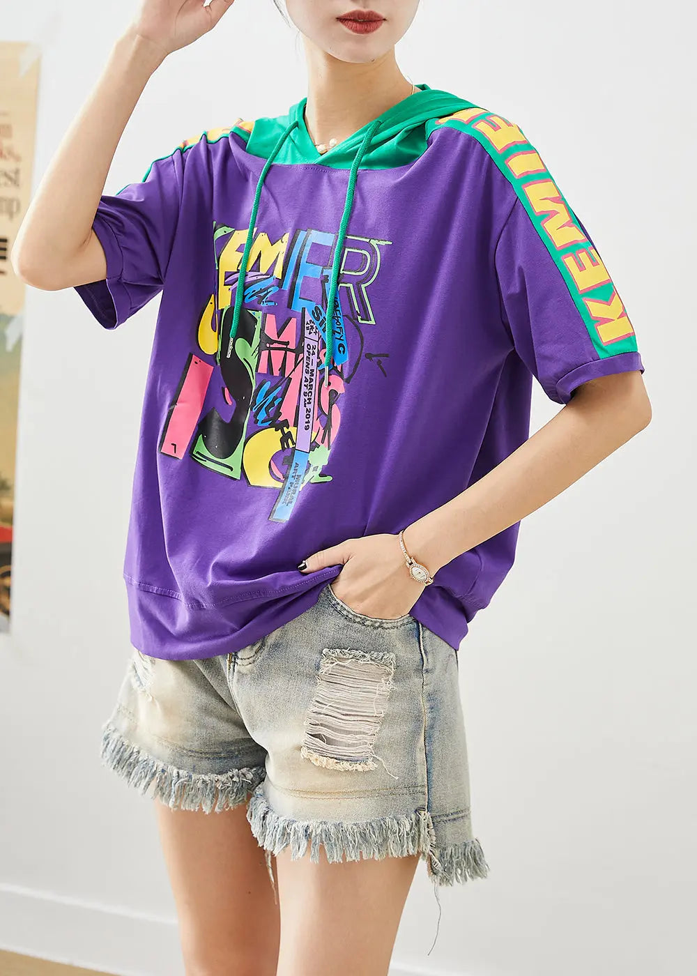 Purple Patchwork Cotton Sweatshirts Top Hooded Print Summer Ada Fashion