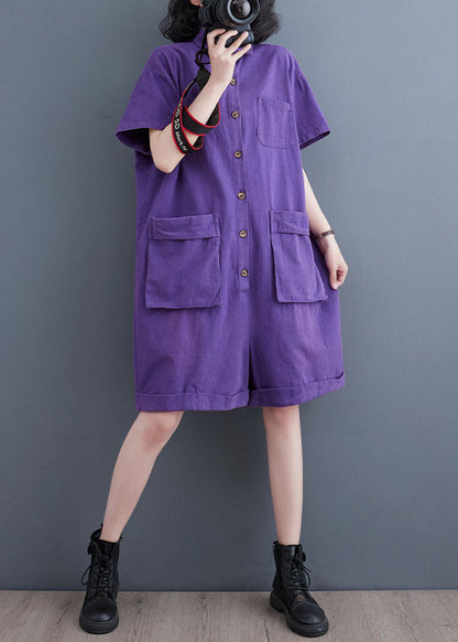 Purple Patchwork Denim Shorts Jumpsuits Peter Pan Collar Summer LY5632 - fabuloryshop