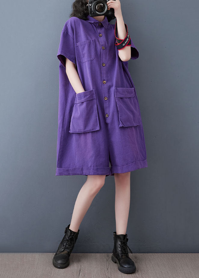Purple Patchwork Denim Shorts Jumpsuits Peter Pan Collar Summer LY5632 - fabuloryshop