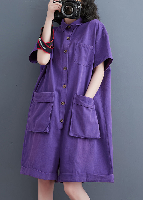 Purple Patchwork Denim Wide Leg Solid Denim Jumpsuit Short Sleeve LY5201 - fabuloryshop