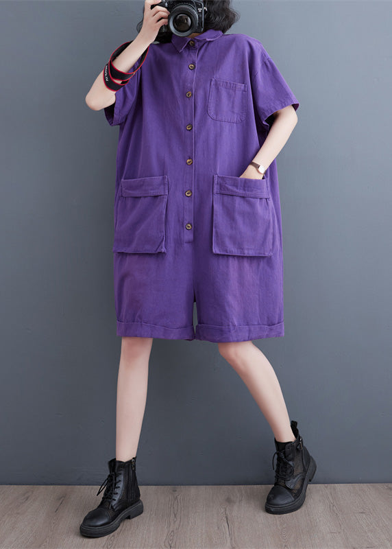 Purple Patchwork Denim Wide Leg Solid Denim Jumpsuit Short Sleeve LY5201 - fabuloryshop