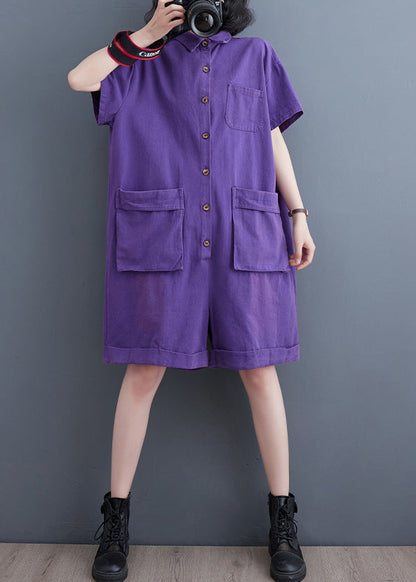 Purple Patchwork Denim Wide Leg Solid Denim Jumpsuit Short Sleeve LY5201 - fabuloryshop