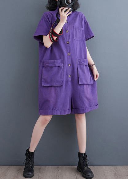 Purple Patchwork Denim Wide Leg Solid Denim Jumpsuit Short Sleeve LY5201 - fabuloryshop