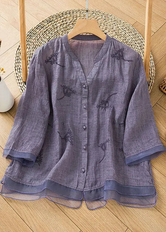 Purple Patchwork Linen Blouse Shirt Top V Neck Embroideried Half Sleeve Ada Fashion