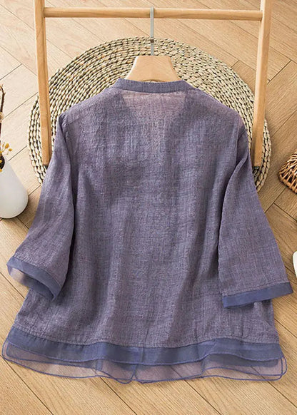 Purple Patchwork Linen Blouse Shirt Top V Neck Embroideried Half Sleeve Ada Fashion