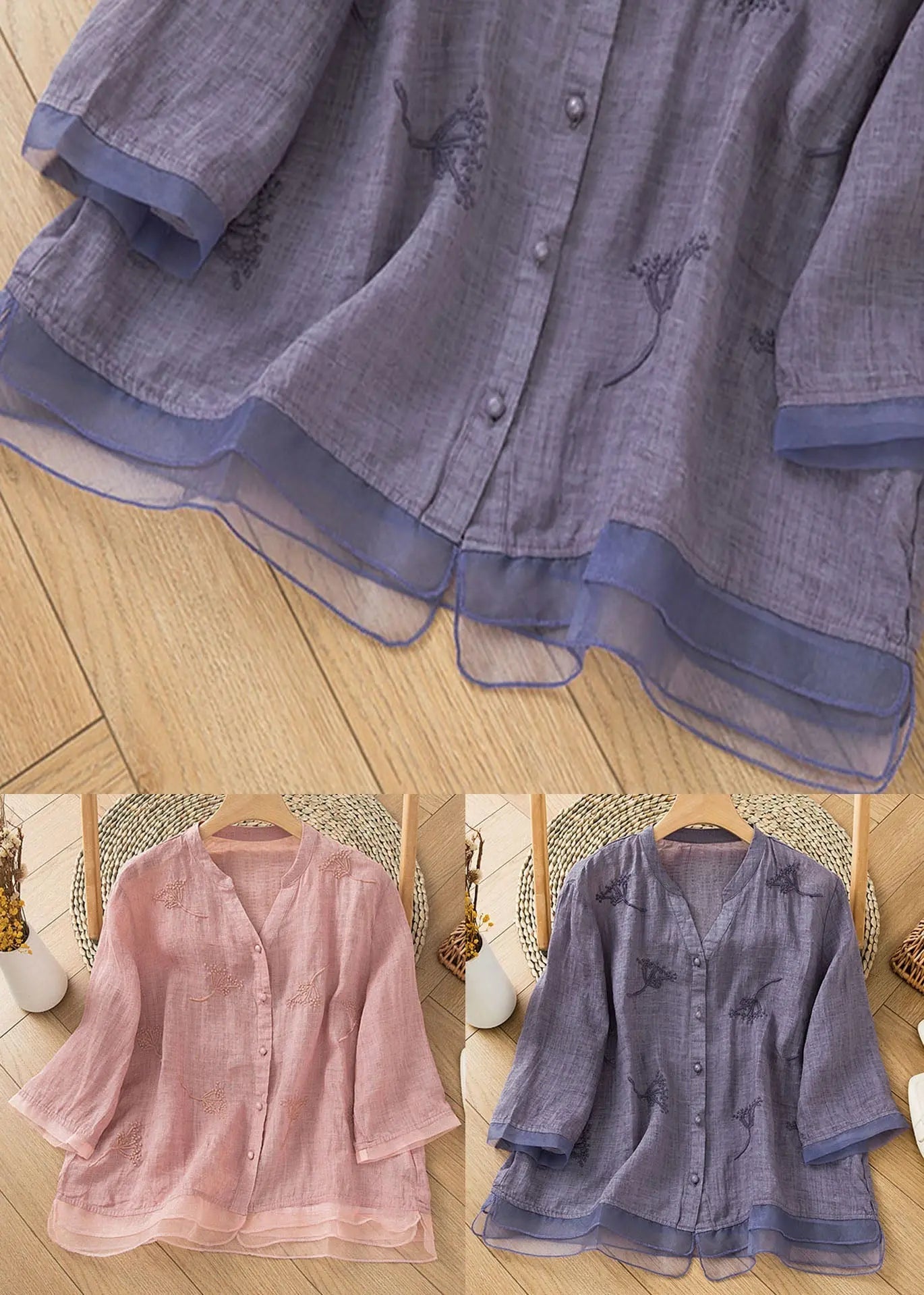 Purple Patchwork Linen Blouse Shirt Top V Neck Embroideried Half Sleeve Ada Fashion