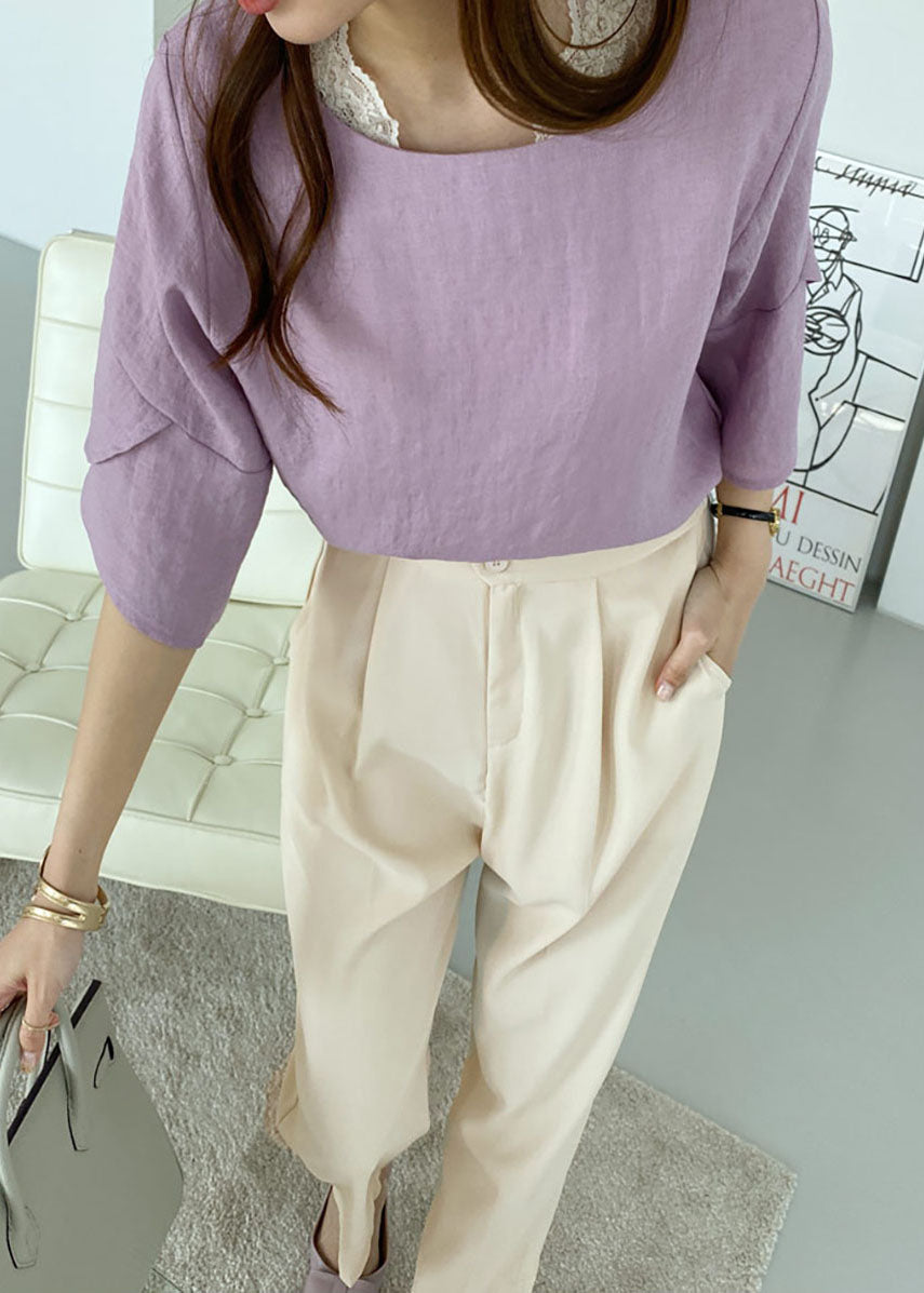 Purple Patchwork Linen Shirt Top Ruffles Slim Fit Summer LY1356 - fabuloryshop