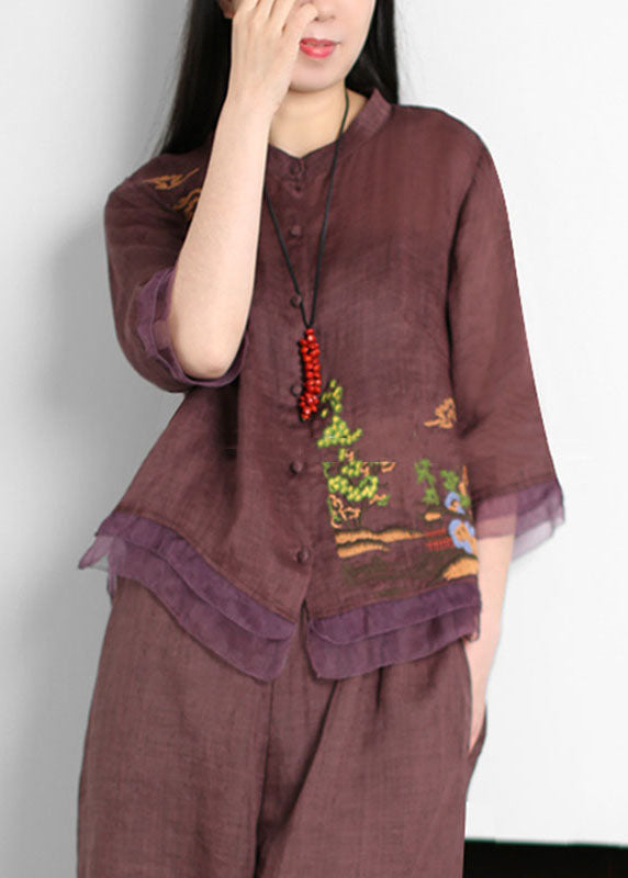 Purple Patchwork Linen Tops Embroideried Button Stand Collar Summer LY5154 - fabuloryshop