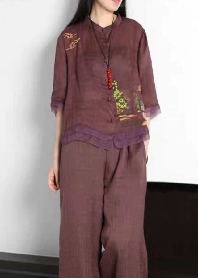 Purple Patchwork Linen Tops Embroideried Button Stand Collar Summer LY5154 - fabuloryshop