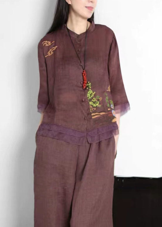 Purple Patchwork Linen Tops Embroideried Button Stand Collar Summer LY5154 - fabuloryshop