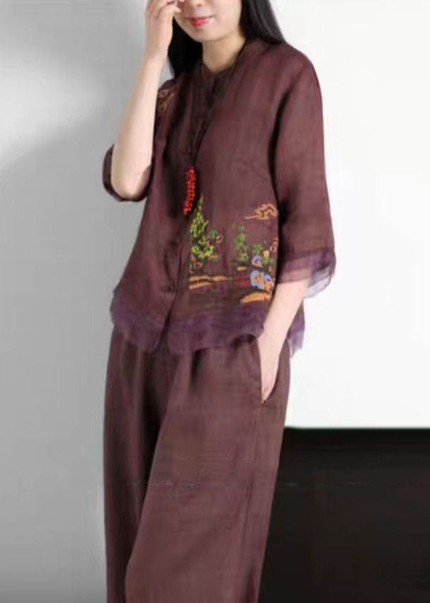 Purple Patchwork Linen Tops Embroideried Button Stand Collar Summer LY5154 - fabuloryshop