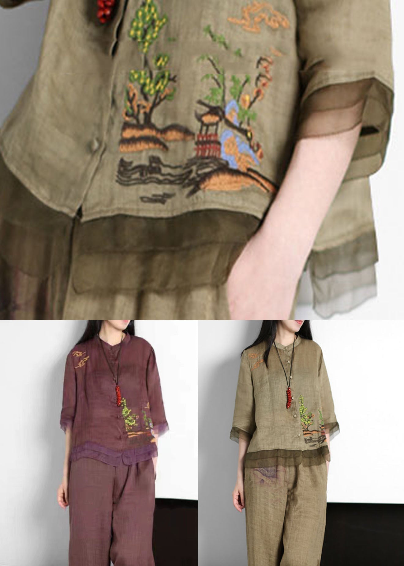 Purple Patchwork Linen Tops Embroideried Button Stand Collar Summer LY5154 - fabuloryshop