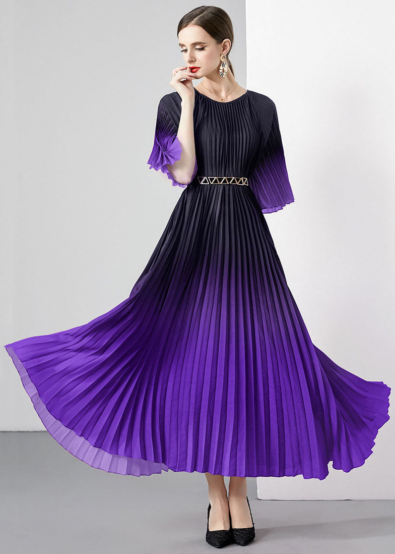 Purple Patchwork Loose Chiffon Long Dress Wrinkled O Neck Summer Ada Fashion