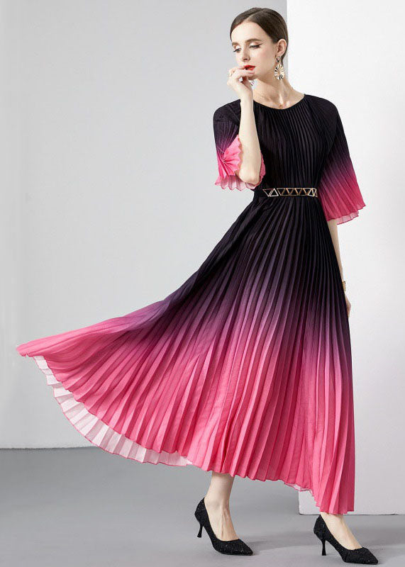 Purple Patchwork Loose Chiffon Long Dress Wrinkled O Neck Summer Ada Fashion