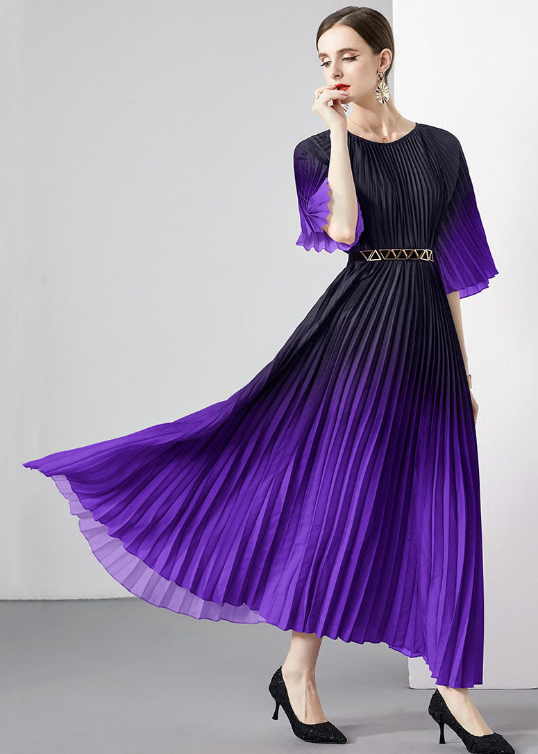 Purple Patchwork Loose Chiffon Long Dress Wrinkled O Neck Summer Ada Fashion