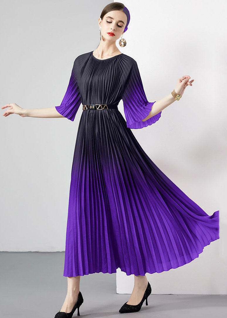 Purple Patchwork Loose Chiffon Long Dress Wrinkled O Neck Summer Ada Fashion