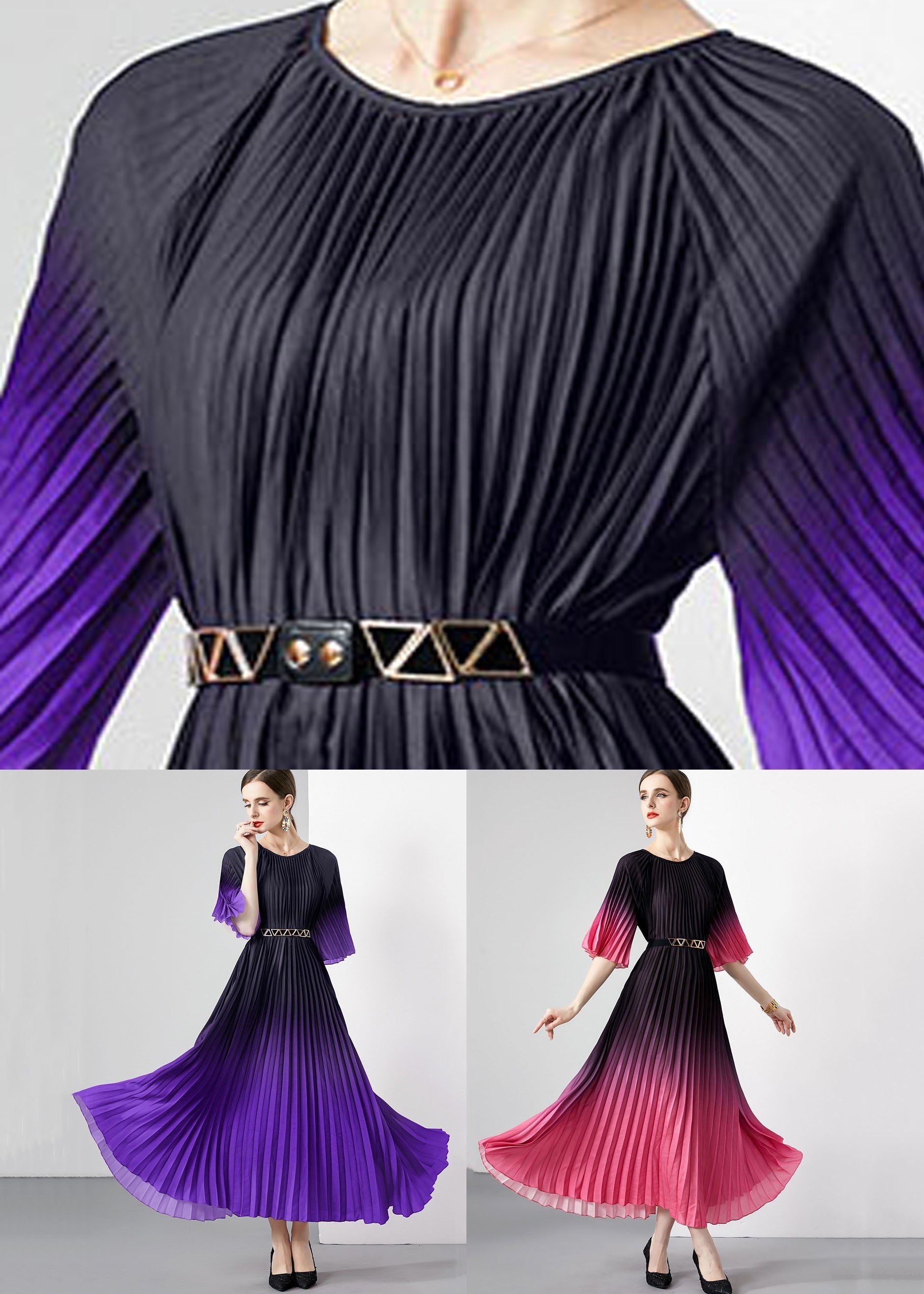 Purple Patchwork Loose Chiffon Long Dress Wrinkled O Neck Summer Ada Fashion