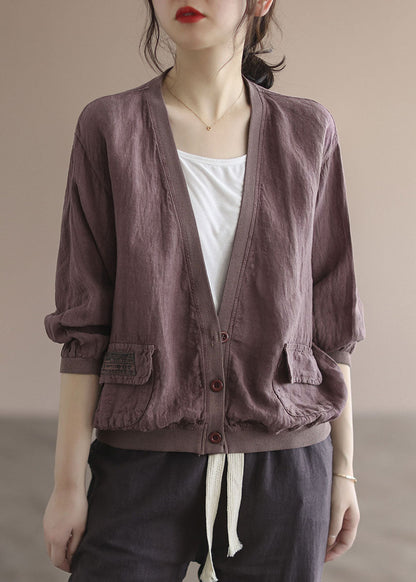 Purple Patchwork Pockets Linen Loose Coats V Neck Spring TG1051 - fabuloryshop