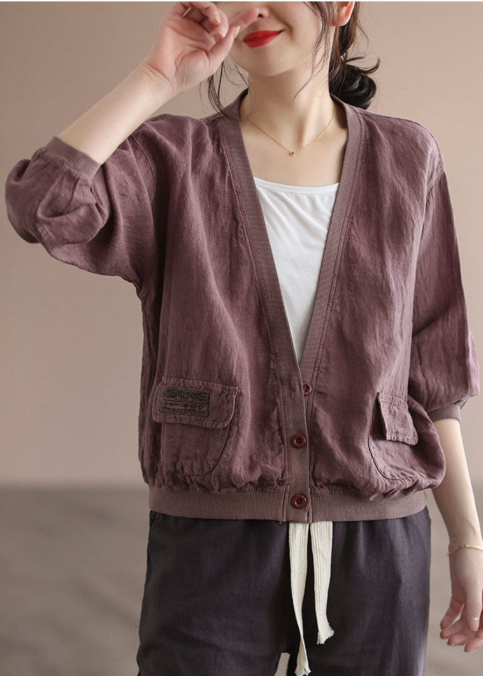 Purple Patchwork Pockets Linen Loose Coats V Neck Spring TG1051 - fabuloryshop