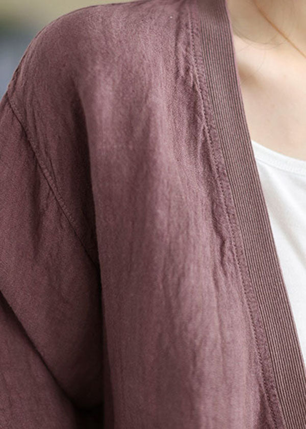 Purple Patchwork Pockets Linen Loose Coats V Neck Spring TG1051 - fabuloryshop