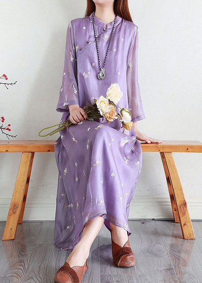 Purple Patchwork Silk Dresses Embroideried Stand Collar Summer LY2577 - fabuloryshop