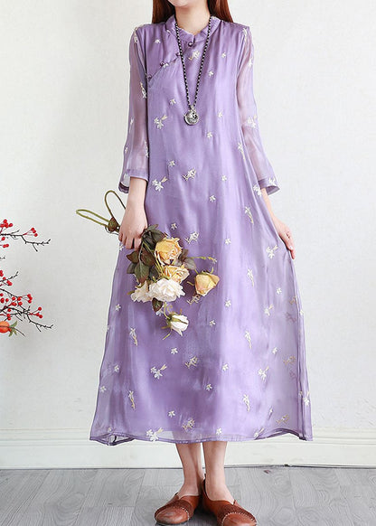 Purple Patchwork Silk Dresses Embroideried Stand Collar Summer LY2577 - fabuloryshop