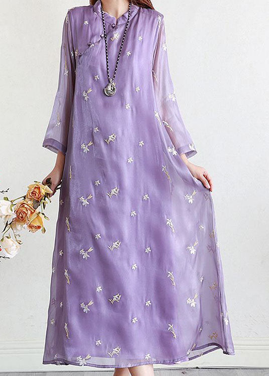 Purple Patchwork Silk Dresses Embroideried Stand Collar Summer LY2577 - fabuloryshop
