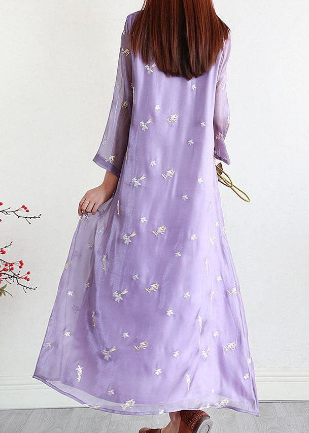 Purple Patchwork Silk Dresses Embroideried Stand Collar Summer LY2577 - fabuloryshop