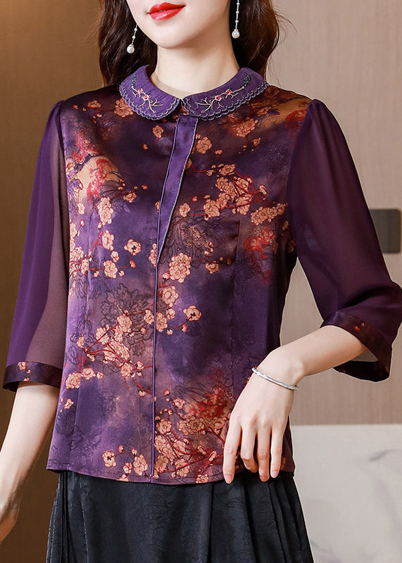 Purple Patchwork Silk Tops Oversized Print Bracelet Sleeve LY0416 - fabuloryshop