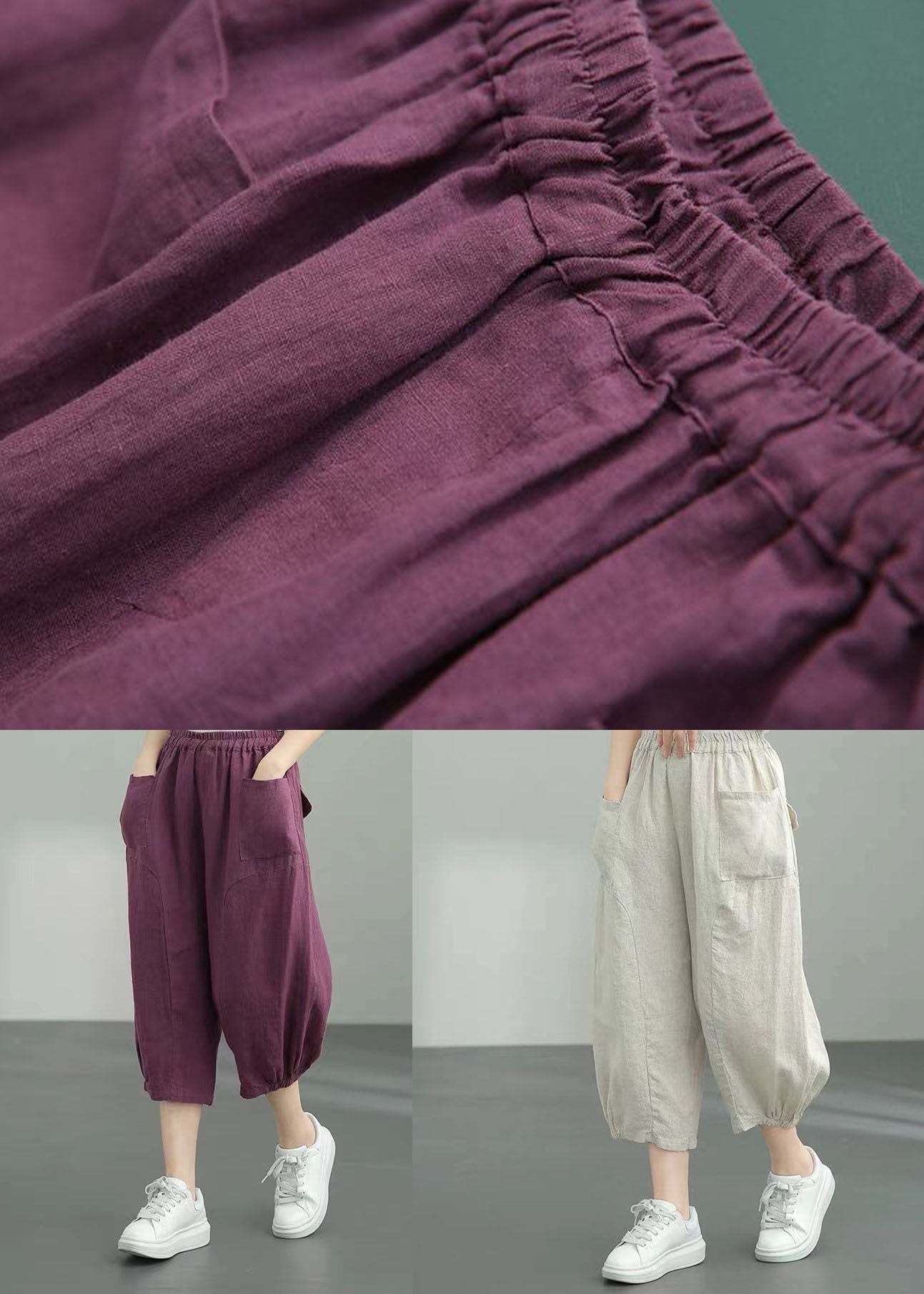 Purple Pockets Patchwork Linen Lantern Pants Summer LY0595