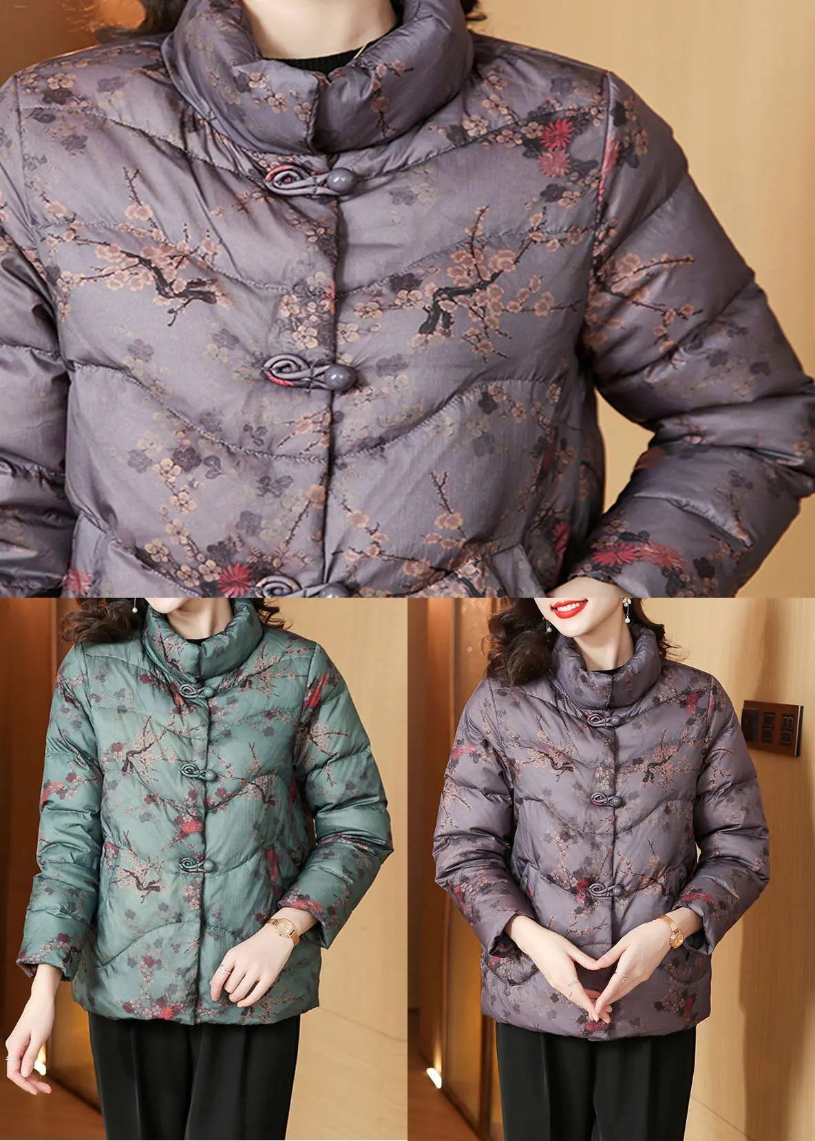 Purple Print Button Thick Parka Long Sleeve Ada Fashion