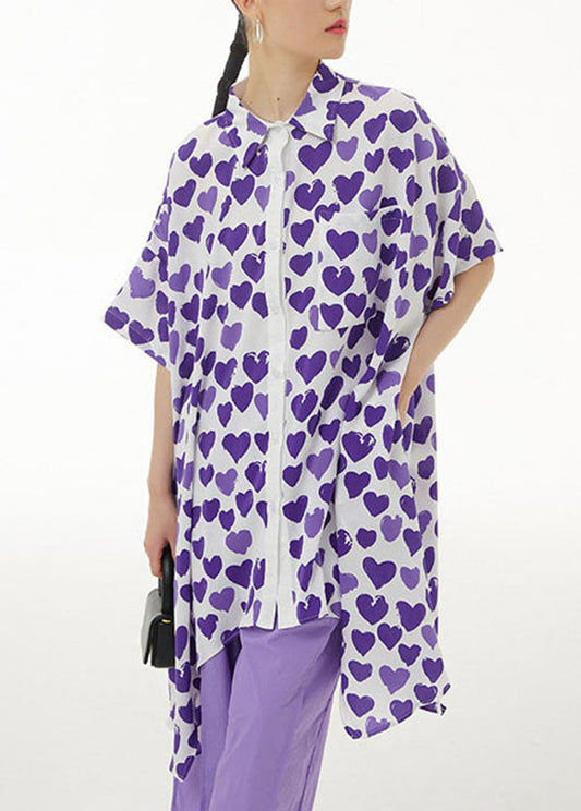 Purple Print Chiffon Shirt Tops Asymmetrical Design Summer LY1140 - fabuloryshop