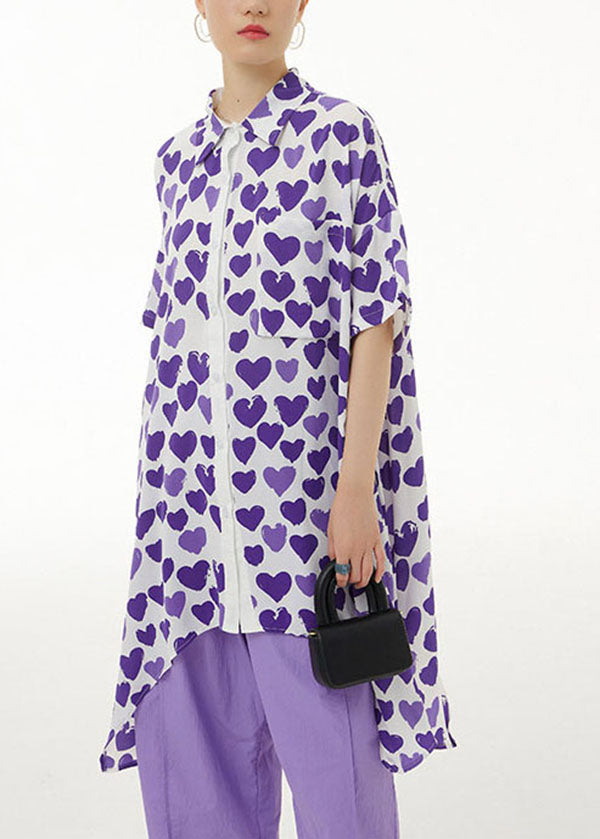 Purple Print Chiffon Shirt Tops Asymmetrical Design Summer LY1140 - fabuloryshop