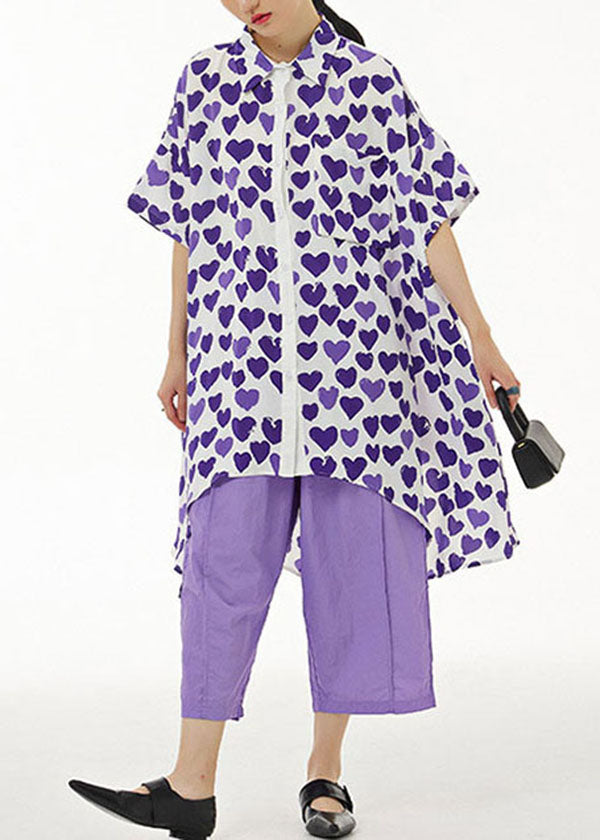 Purple Print Chiffon Shirt Tops Asymmetrical Design Summer LY1140 - fabuloryshop