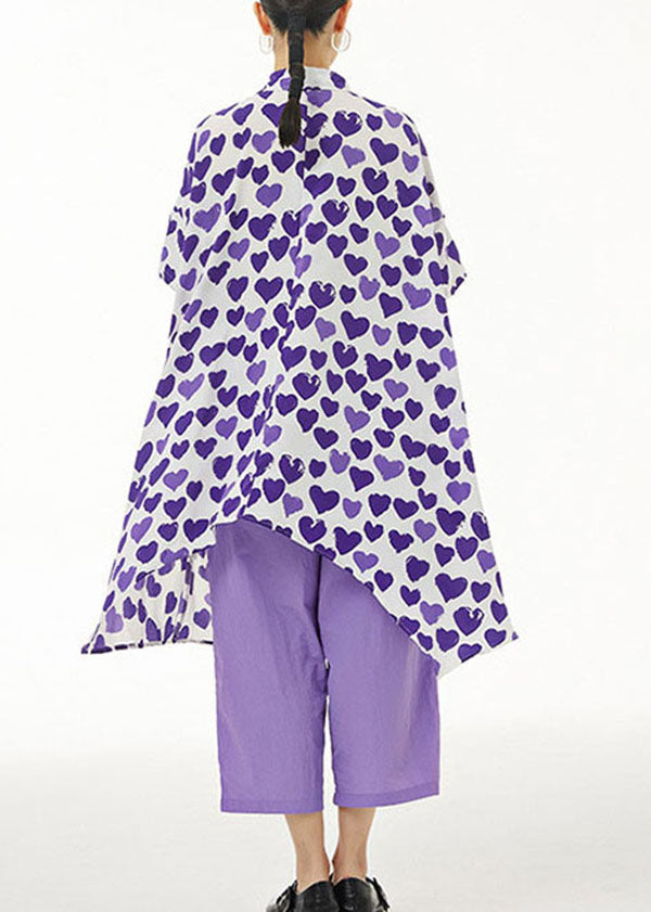 Purple Print Chiffon Shirt Tops Asymmetrical Design Summer LY1140 - fabuloryshop