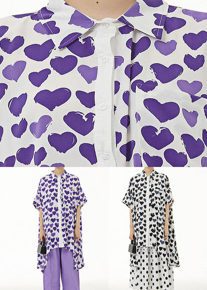 Purple Print Chiffon Shirt Tops Asymmetrical Design Summer LY1140 - fabuloryshop