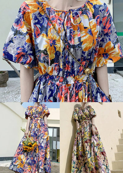 Purple Print Lace Up Patchwork Cotton Dresses Wrinkled Puff Sleeve Ada Fashion