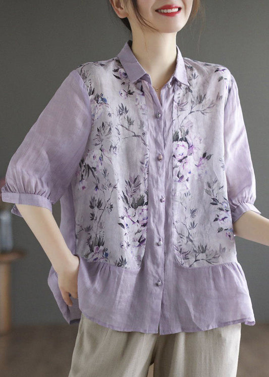 Purple Print Linen Blouse Top Peter Pan Collar Summer LY0242 - fabuloryshop