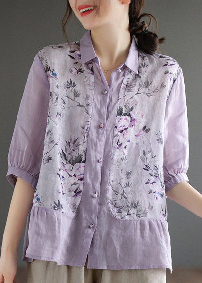 Purple Print Linen Blouse Top Peter Pan Collar Summer LY0242 - fabuloryshop