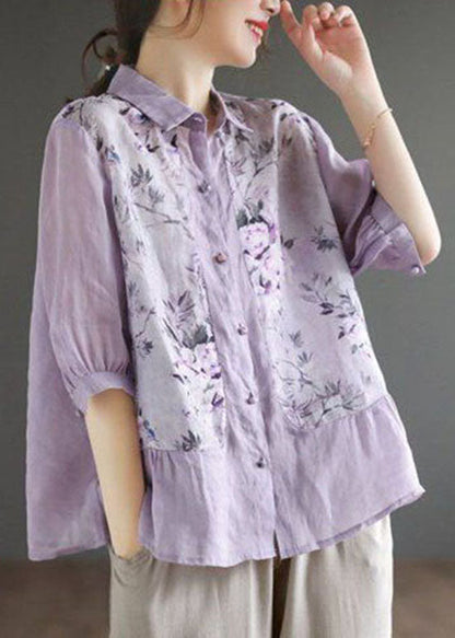 Purple Print Linen Blouse Top Peter Pan Collar Summer LY0242 - fabuloryshop