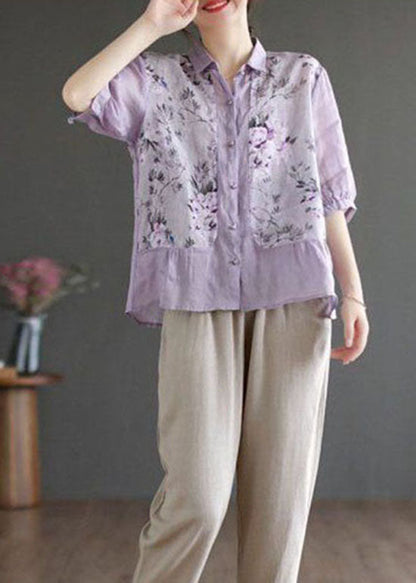 Purple Print Linen Blouse Top Peter Pan Collar Summer LY0242 - fabuloryshop