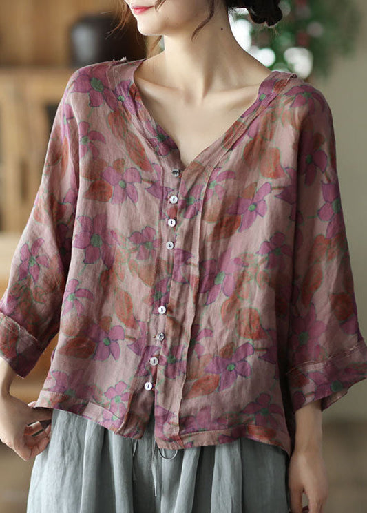 Purple Print Linen Shirt Tops V Neck Button Summer LY0229 - fabuloryshop