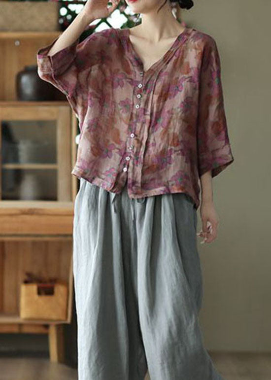 Purple Print Linen Shirt Tops V Neck Button Summer LY0229 - fabuloryshop