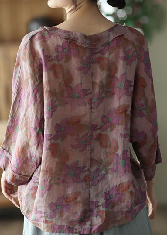 Purple Print Linen Shirt Tops V Neck Button Summer LY0229 - fabuloryshop