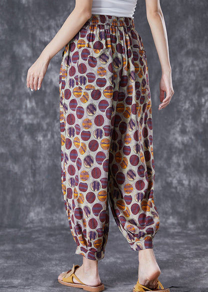 Purple Print Loose Linen Silk Harem Pants Elastic Waist Summer Ada Fashion