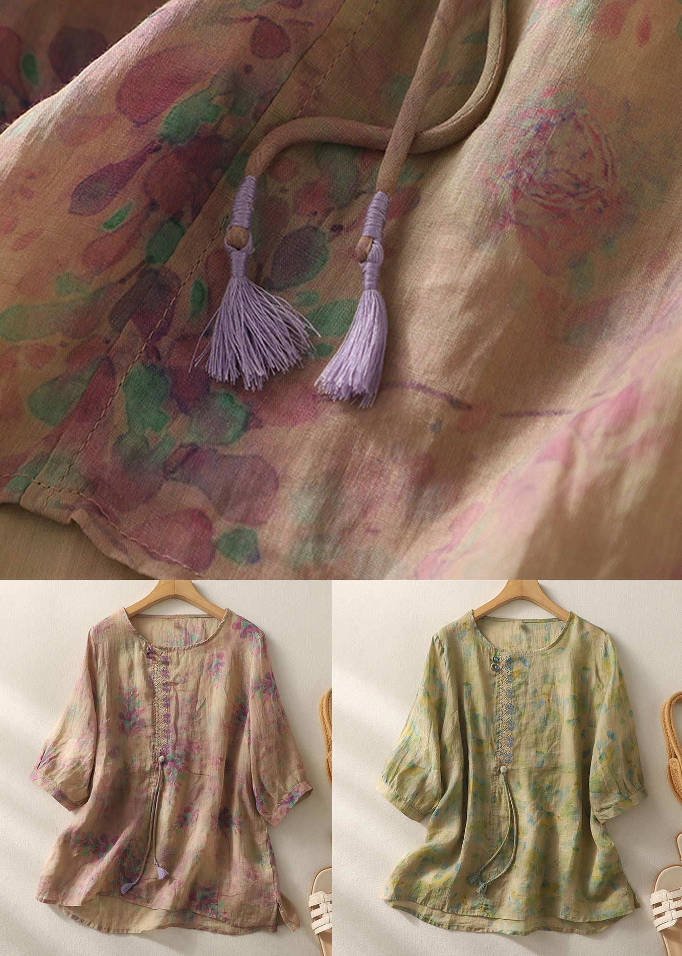 Purple Print Patchwork Cotton T Shirt Tops Tasseled O-Neck Summer Ada Fashion